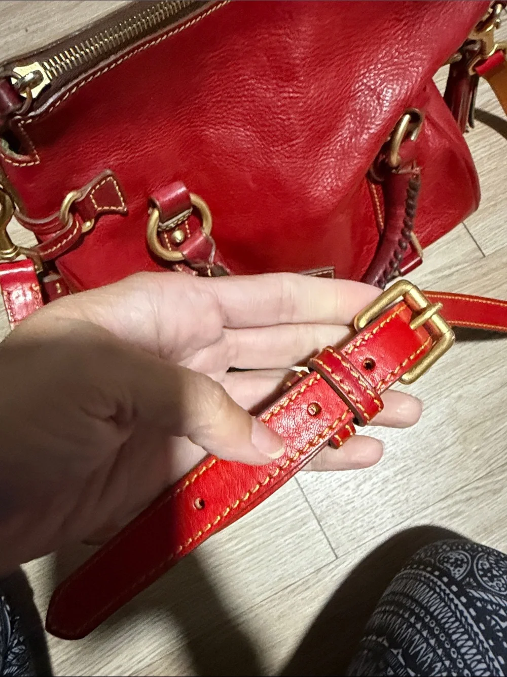 Dooney & Bourke Red Leather Shoulder Satchel with Brass Accents